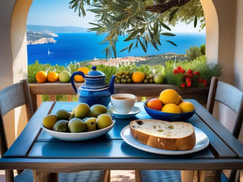 Un desayuno mediterráneo para vida saludable: mesa rústica con frutas frescas, pan integral, aceite de oliva y café, con vista al mar.