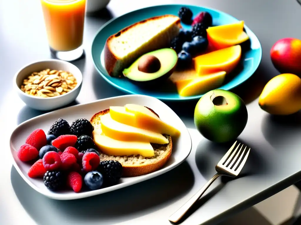 Un desayuno saludable y colorido en una mesa minimalista. Recetas desayunos bajos azúcar diabéticos