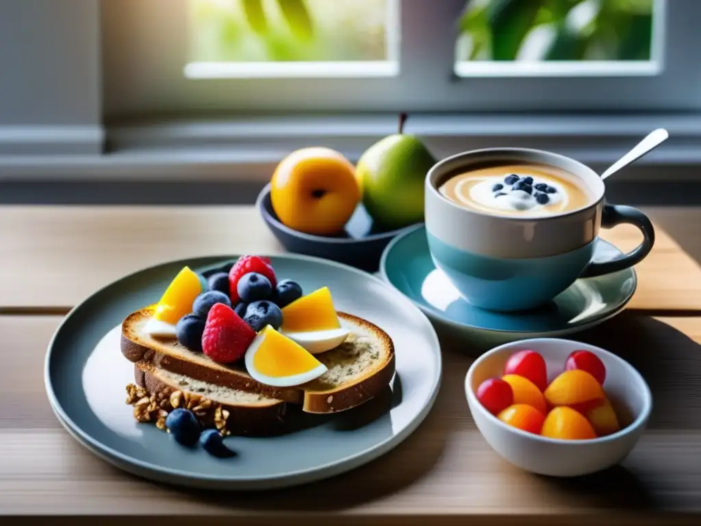Un desayuno saludable con frutas coloridas, tostadas integrales, yogur con granola y café, en una mesa de madera con luz matutina. Desayunos saludables cerebro energía mental