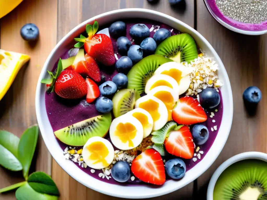 Un desayuno saludable con açaí, frutas, semillas y jugo de naranja, iluminado por luz natural. <b>Energía mental para el día.