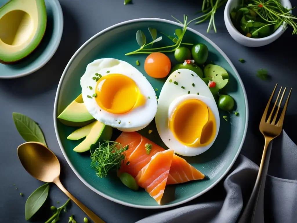 Delicioso desayuno paleo con aguacate y salmón fresco Un desayuno paleo saludable y natural, con aguacate, huevos pochados y salmón ahumado en un plato de cerámica moderno.