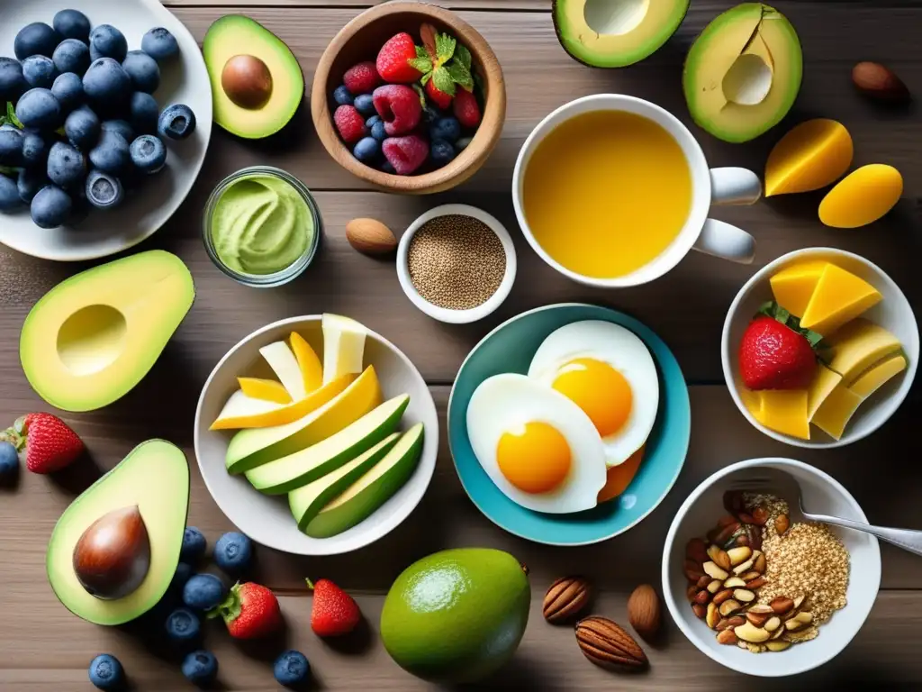 Desayuno paleo vibrante y natural en mesa de madera Un desayuno paleo saludable y natural, con frutas frescas, frutos secos y semillas en una mesa de madera iluminada por luz natural.