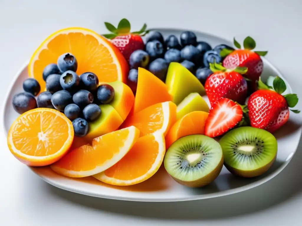 Un desayuno saludable para niños: una colorida y vibrante variedad de frutas frescas como fresas, arándanos, kiwi y naranjas, dispuestas de forma artística en un plato blanco. La imagen transmite frescura y vitalidad.