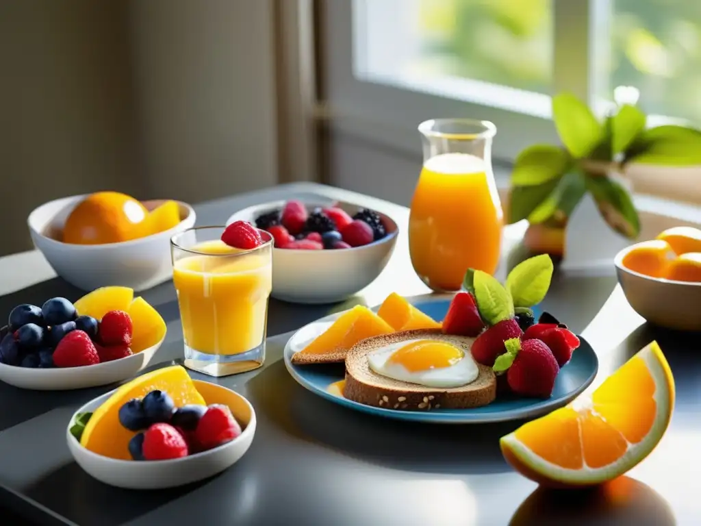 Un desayuno saludable para niños: frutas, pan integral, yogurt y jugo de naranja en una mesa moderna, bañados por la cálida luz natural.