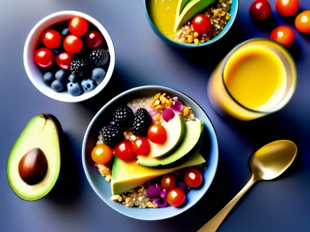 Un desayuno vegano saludable y energético: mesa elegante con tostadas de aguacate, chía pudding, smoothie bowl de açaí y jugo de naranja fresco.