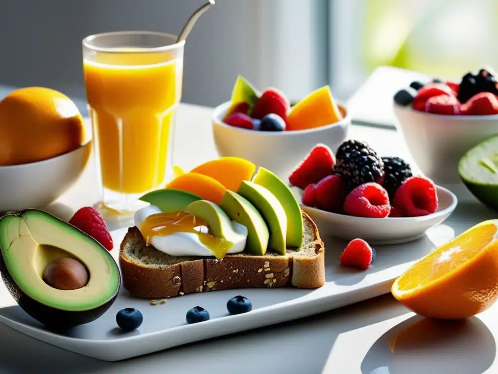 Un desayuno vibrante y nutritivo con frutas, aguacate, yogur griego, granola y jugo de naranja. <b>Importancia del desayuno en rendimiento escolar.