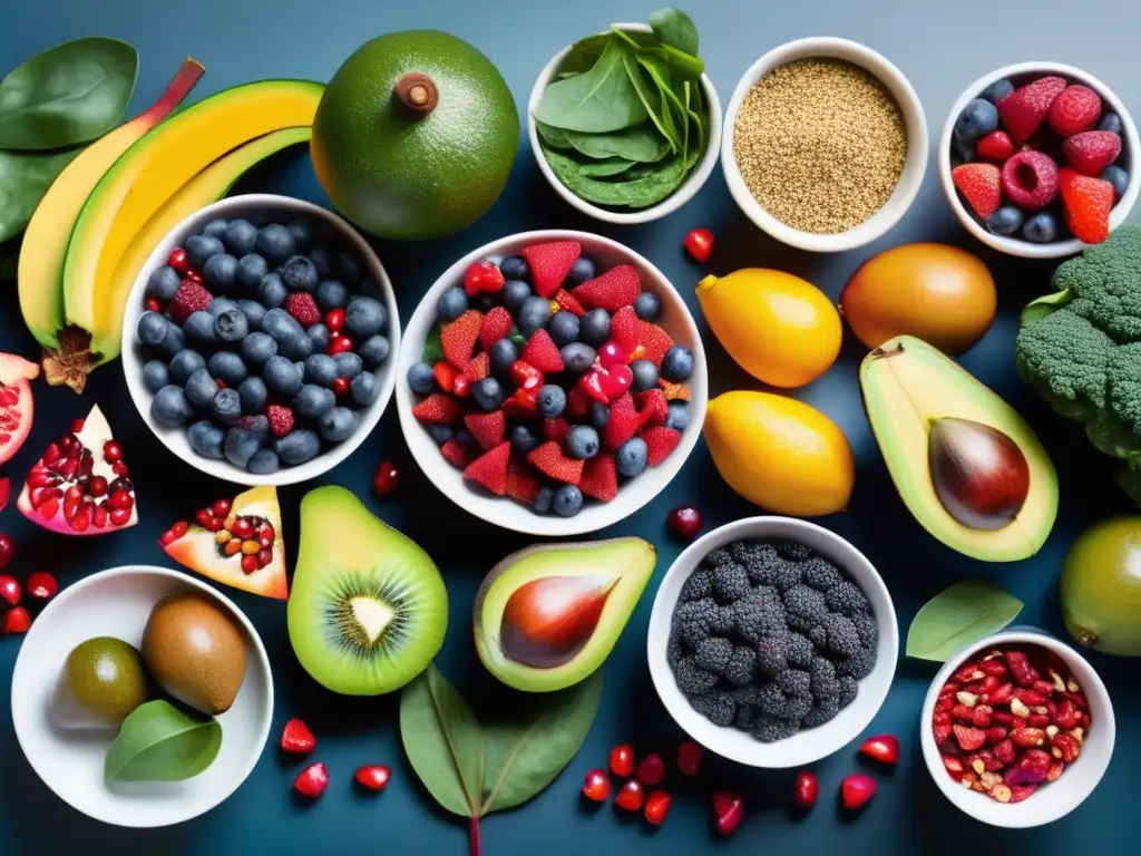 Un despliegue visual de alimentos superfoods revolucionarios salud, con una variedad de frutas y vegetales vibrantes y nutrientes.
