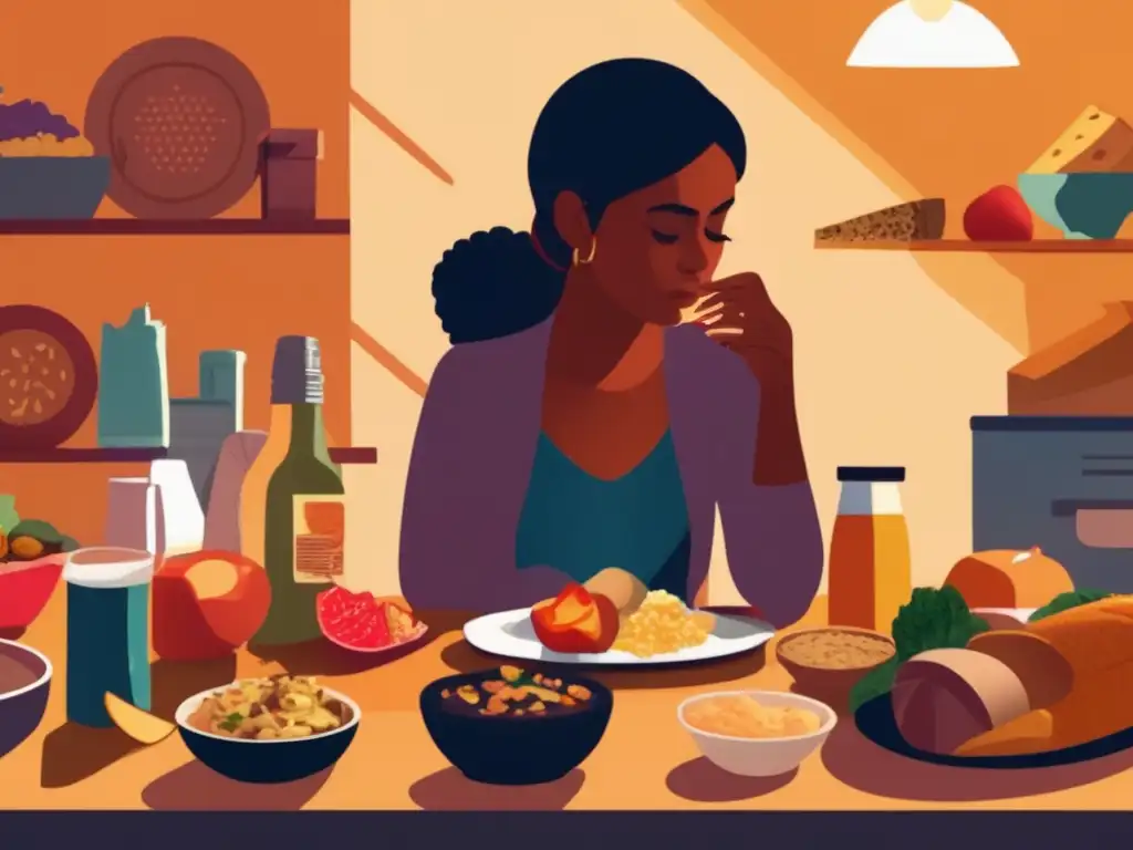 Ilustración detallada y moderna de persona en conflicto entre opciones de comida. <b>Refleja relación entre trastornos alimentarios y salud mental.