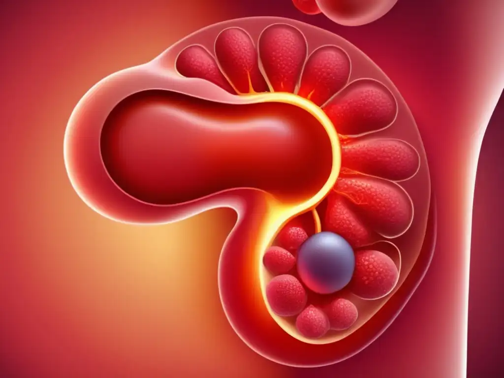 Ilustración detallada de un páncreas humano inflamado, destacando el impacto en órganos vecinos. <b>Aporta un enfoque educativo y científico.</b> <b>Dieta para pancreatitis aguda.