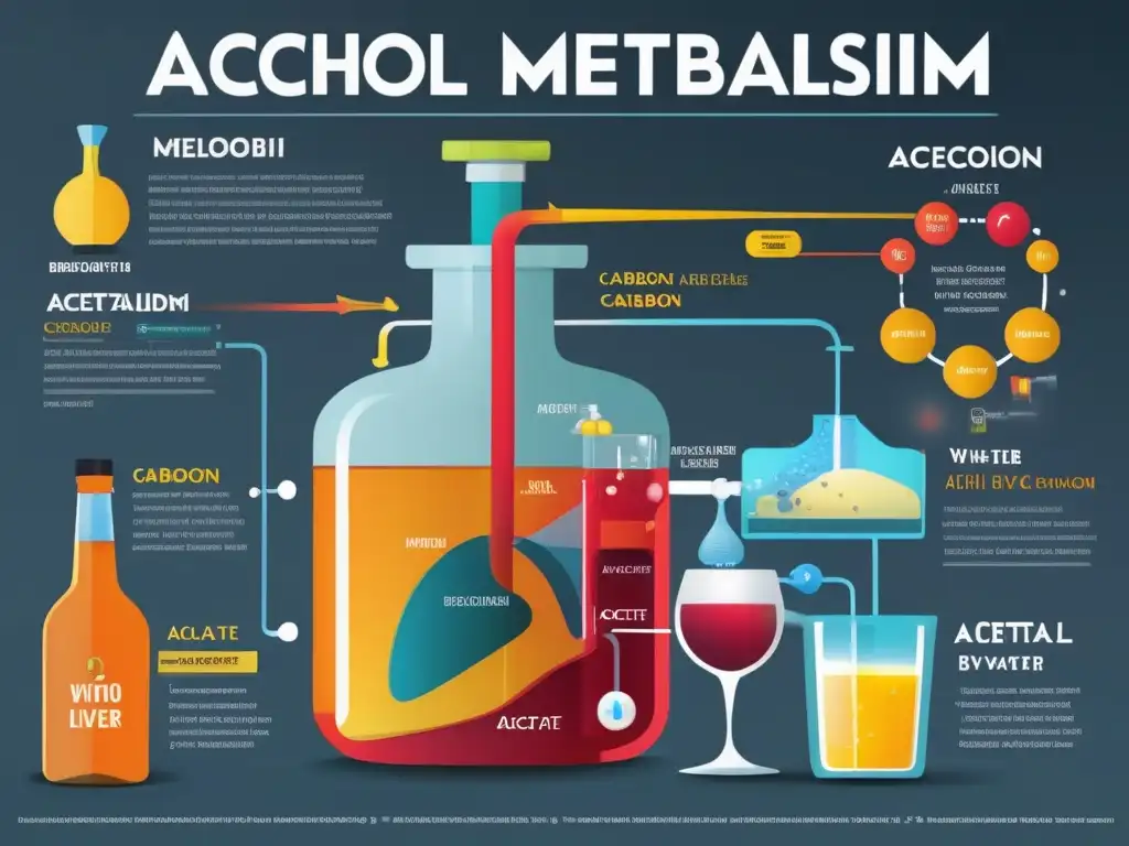 Ilustración detallada del proceso de metabolismo del alcohol en el cuerpo, destacando el hígado descomponiendo el alcohol en acetaldehído y luego en acetato, con la participación de enzimas y la liberación de subproductos como agua y dióxido de carbono. Representación visual científicamente precisa