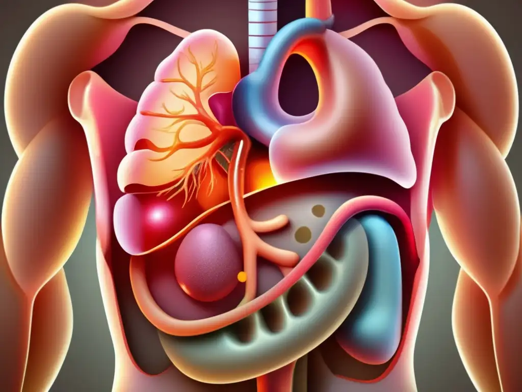 Ilustración detallada del sistema digestivo humano con énfasis en el hígado, estómago e intestinos, mostrando los efectos del alcohol en cada órgano. <b>Efectos del alcohol en el sistema digestivo.