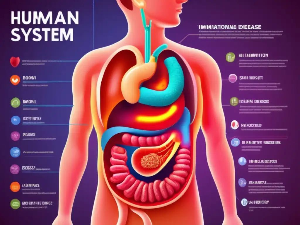 Ilustración detallada del sistema digestivo humano, con enfoque en inflamación intestinal y complicaciones de enfermedades inflamatorias intestinales. Vibrante y educativa.