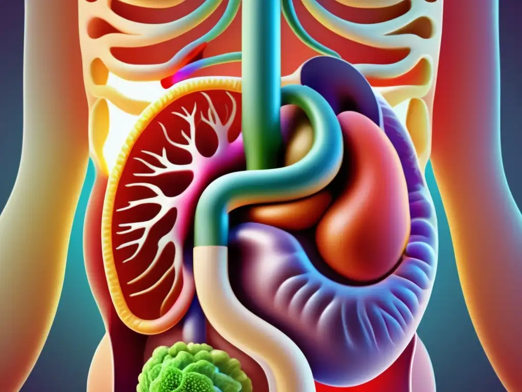 Ilustración detallada del sistema gastrointestinal humano mostrando órganos como el estómago, intestino delgado y grueso, con una red intrincada de vasos sanguíneos. <b>Soporte nutricional en enfermedades gastrointestinales.