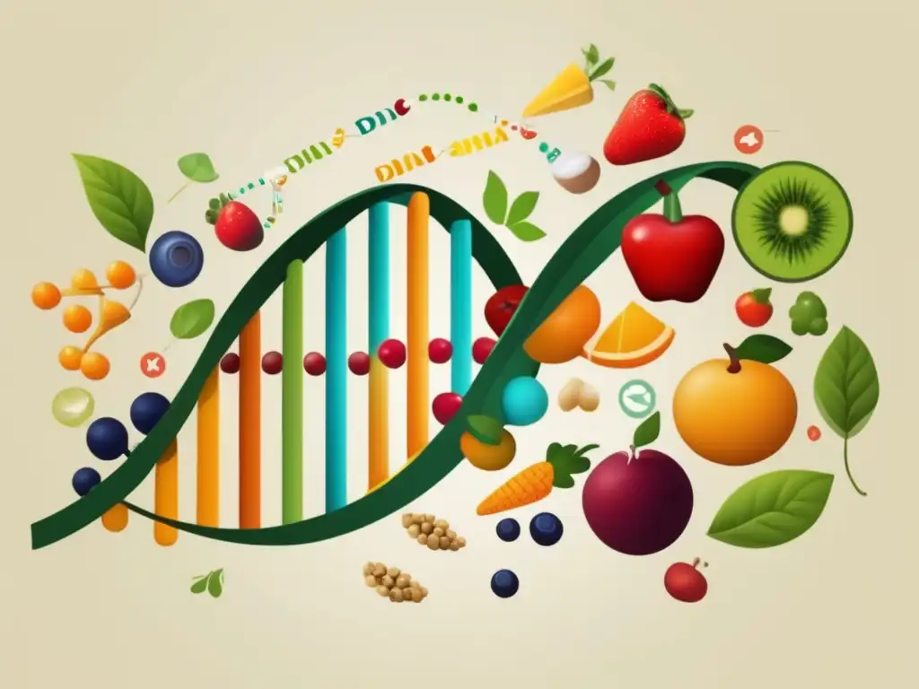 Un ADN detallado se entrelaza con íconos nutricionales, simbolizando la nutrigenómica para adelgazar con genética.