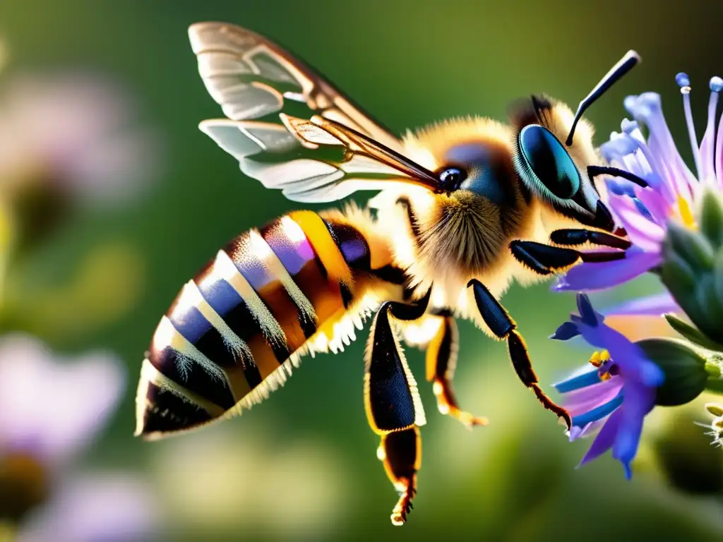 Apicultura en acción: abeja en vuelo entre flores silvestres