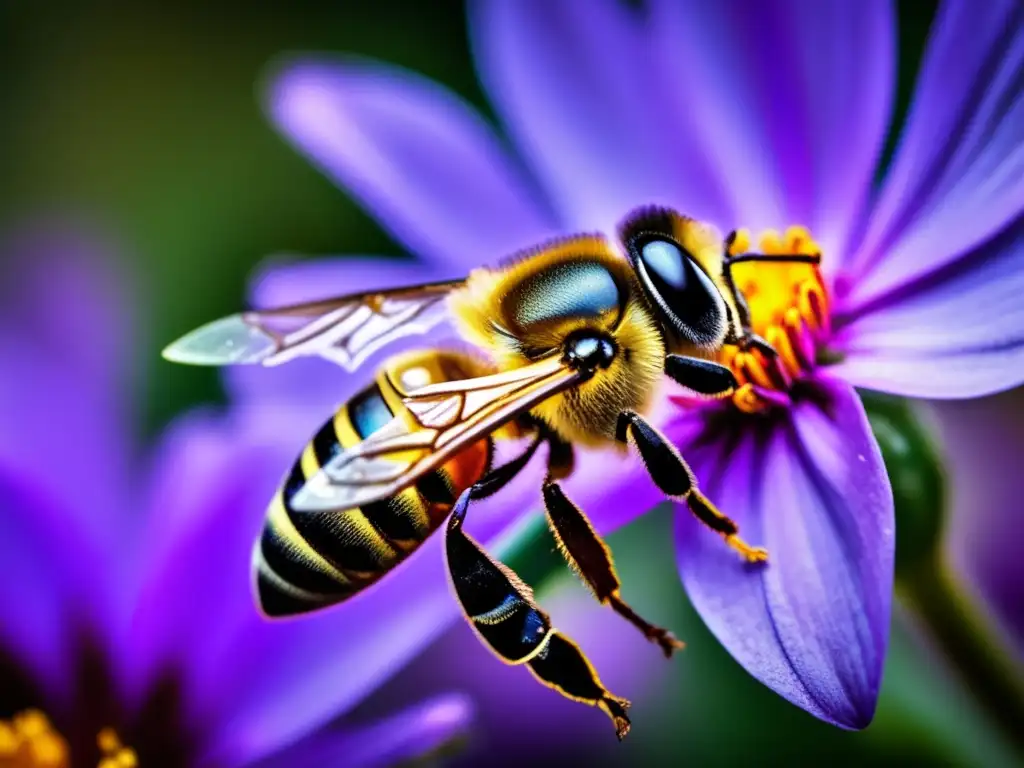 Un detalle ultradetallado de una abeja cubierta de polen sobre una vibrante flor morada. <b>Muestra la importancia de polinizadores en agricultura.