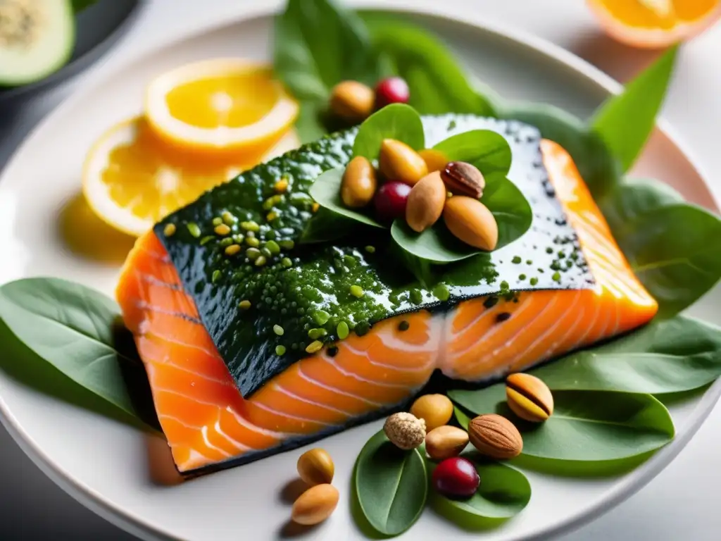 Una dieta rica en omega 3 y antiinflamatoria con salmon, semillas de chia, lino, nueces y espinacas frescas en un plato blanco moderno rodeado de vegetación vibrante.