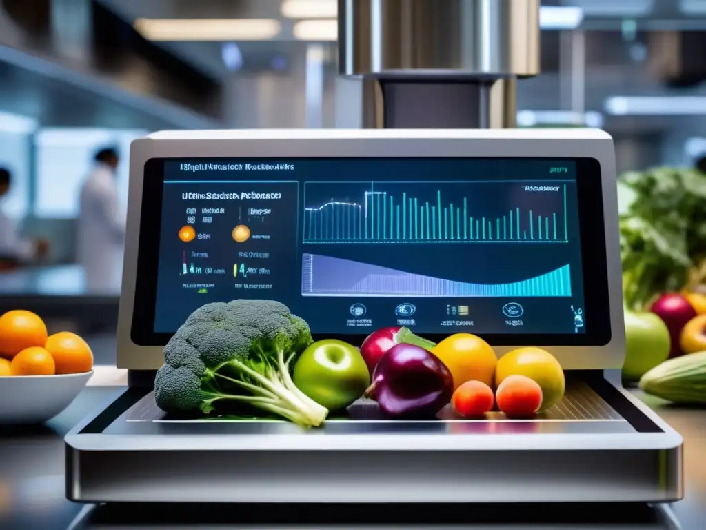 Un dispositivo de escaneo de alimentos de alta tecnología analiza datos nutricionales en frutas y verduras, mostrando resultados en una pantalla digital avanzada. El entorno de laboratorio y científicos investigando reflejan innovación en Big Data en nutrición y dietas.