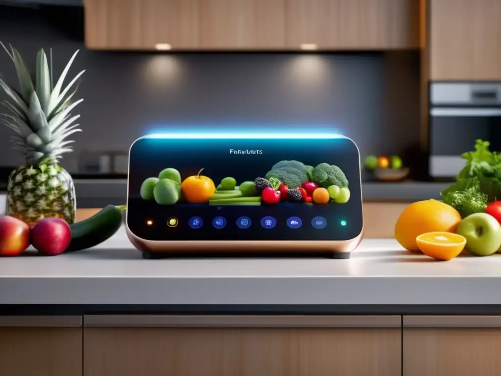 Un dispositivo IA monitorea la alimentación en tiempo real en una cocina moderna con frutas y verduras frescas.