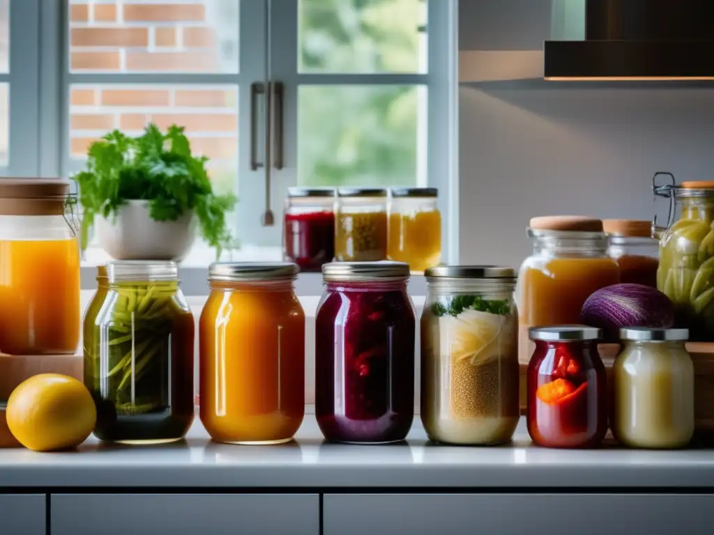 Una diversidad de fermentados coloridos en una elegante cocina moderna, resaltando los beneficios de la alimentación saludable con fermentados.