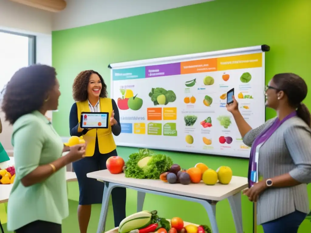 Educadores discuten conocimiento nutricional actualizado en aula moderna con recursos educativos sobre nutrición.