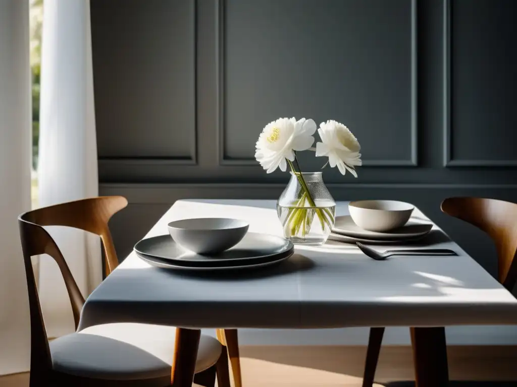 Un elegante espacio para comer con mindfulness: mesa para uno con mantel blanco, cubiertos de plata y flor blanca en un jarrón minimalista.