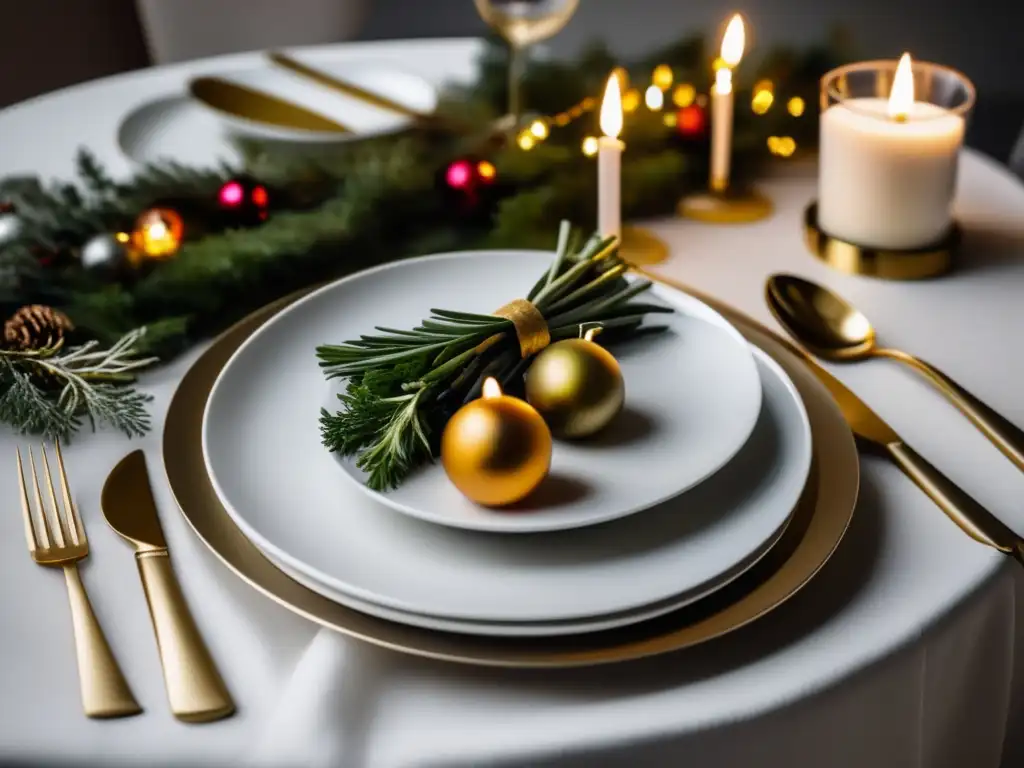 Una elegante mesa navideña con decoración en plata y oro, velas blancas y cristalería moderna. <b>Al centro, un plato de verduras asadas.</b> <b>Tradiciones de cenas navideñas saludables.