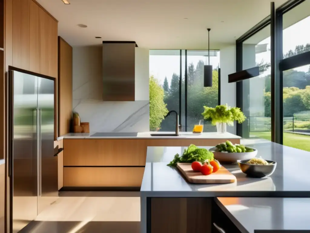 Un elegante y moderno ambiente de cocina con luz natural, diseño funcional y atención al detalle. <b>Optimizar consumo recursos cocina.