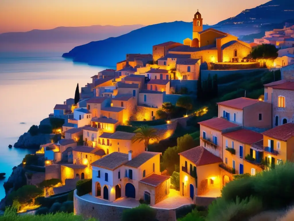 Un encantador pueblo mediterráneo con tejados de terracota, calles empedradas y exuberante vegetación. <b>La cálida luz del atardecer crea una atmósfera serena y atemporal, mientras el mar azul brilla al fondo.</b> <b>Captura la esencia de la dieta mediterránea.