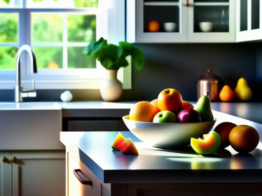 Una encantadora escena de cocina moderna con frutas frescas, azúcar y agua, promoviendo la reducción del consumo de azúcar y una vida saludable.
