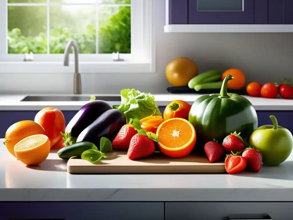 Una encantadora escena de cocina vegana con frutas y verduras frescas. <b>Veganismo personalizado según necesidades.