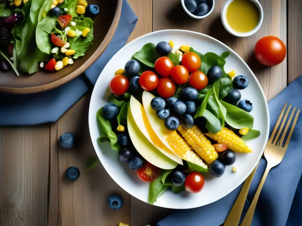 Una ensalada canadiense fresca y vibrante en plato blanco sobre mesa rústica, iluminada por luz natural. Cocina Canadiense recetas saludables