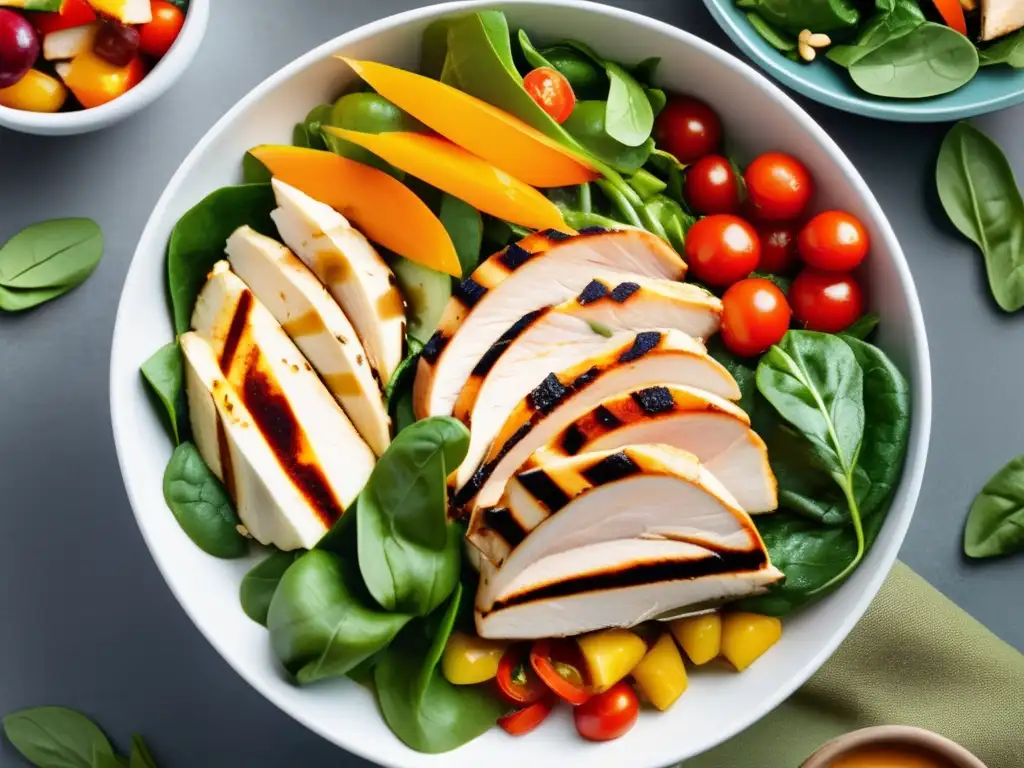 Una ensalada colorida y fresca con pollo a la parrilla, transmitiendo el impacto de la comida rápida. <b>Un festín de colores y frescura.