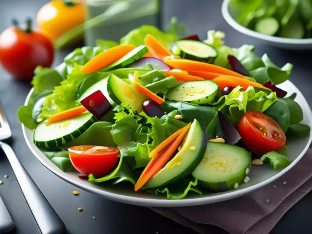 Una ensalada colorida y nutritiva, con vegetales frescos y vinagreta brillante. <b>Dieta completa para prevenir desnutrición.