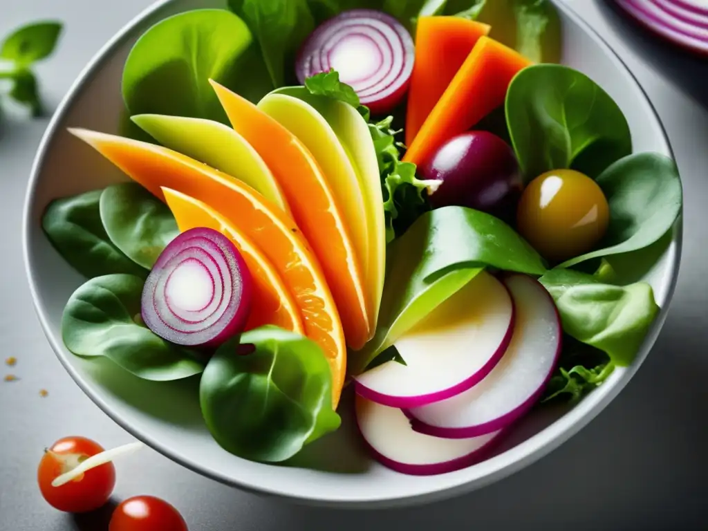 Una ensalada fresca y vibrante, con ingredientes orgánicos y locales, en un bol moderno. <b>Recetas sostenibles para una vida saludable.