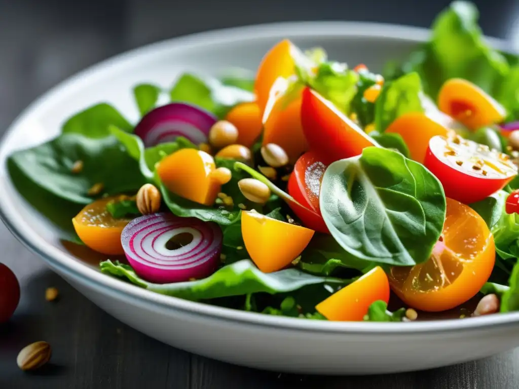 Una ensalada fresca y vibrante con tomates, lechuga, rábanos, zanahorias, semillas y nueces. <b>Recursos online gratuitos nutrición 2021.