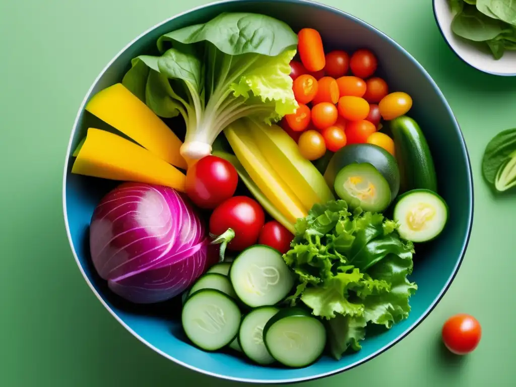 Una ensalada vibrante y fresca, con colores intensos y texturas detalladas. <b>Perfecta para los efectos de cenar tarde.