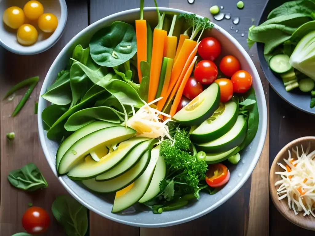 Una ensalada vibrante y fresca en un tazón sobre una mesa de madera. <b>Alimentos que alivian el estrés en la dieta.