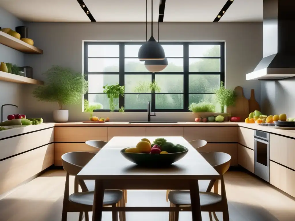 Un entorno sereno y moderno en la cocina, con una mesa de madera rodeada de luz natural. <b>Frutas, verduras y granos coloridos se presentan en platos minimalistas, transmitiendo calma y atención plena.</b> <b>Reducción de ansiedad alimentaria con mindfulness.