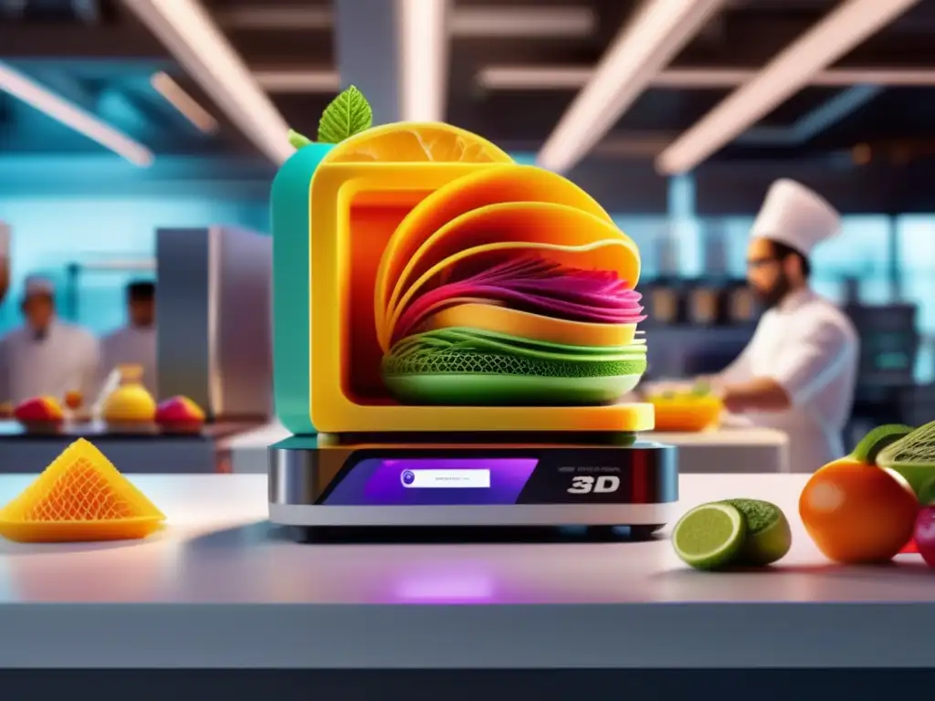 Un equipo de científicos y chefs colabora en una cocina de alta tecnología mientras una impresora 3D crea alimentos impresos en 3D, detallados y coloridos.
