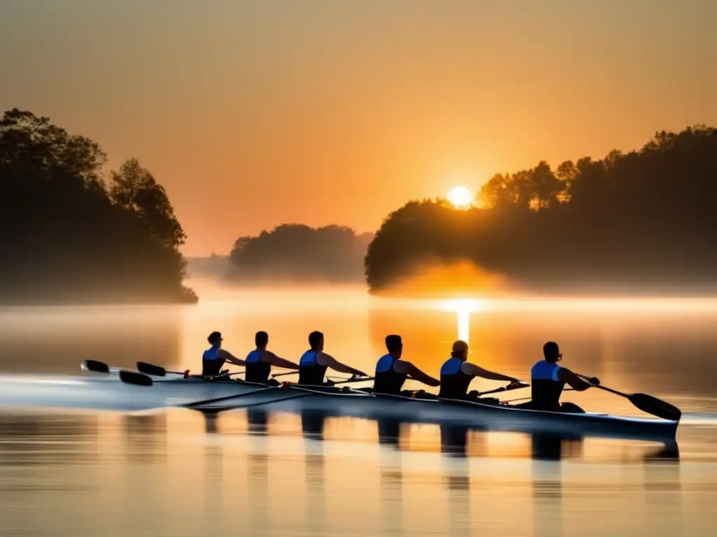 Un equipo de remadores y palistas élite surca un lago cubierto de neblina al amanecer, creando ondulaciones hipnóticas en el agua. El diseño moderno y aerodinámico de sus embarcaciones brilla con fuerza, reflejando determinación y enfoque. Los at