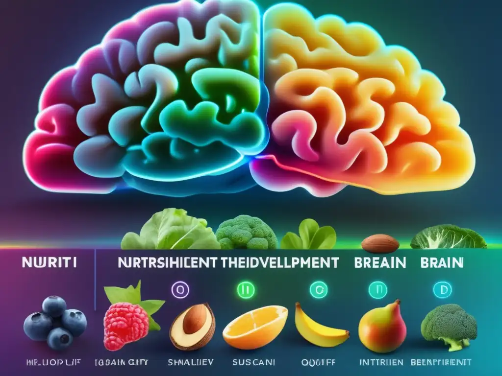 Un escaneo cerebral detallado muestra el impacto de los nutrientes en el desarrollo cognitivo, con alimentos ricos en nutrientes en la imagen superpuesta. La vital importancia de los nutrientes para el desarrollo cognitivo se refleja de manera vibrante y llamativa.