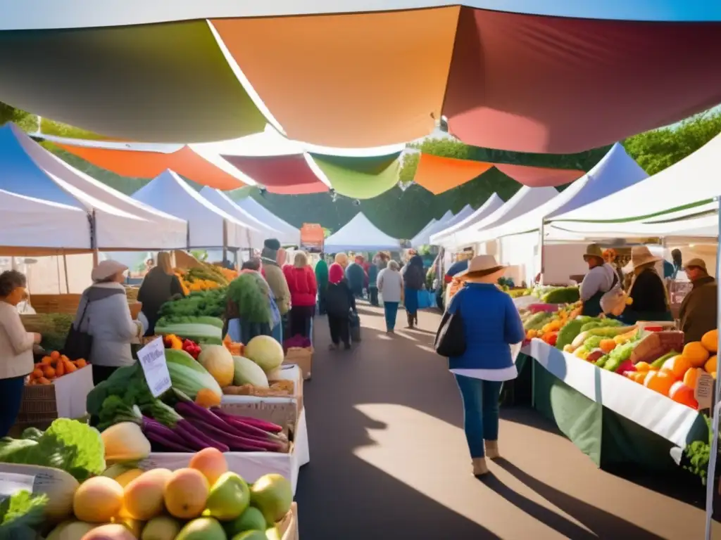 Una escena animada de un mercado de agricultores con frutas y verduras frescas y coloridas bajo tiendas blancas. <b>Compradores examinan los productos y charlan con vendedores amigables.</b> El sol ilumina la escena, destacando las opciones de alimentación saludable para prevenir obesidad y diabetes.