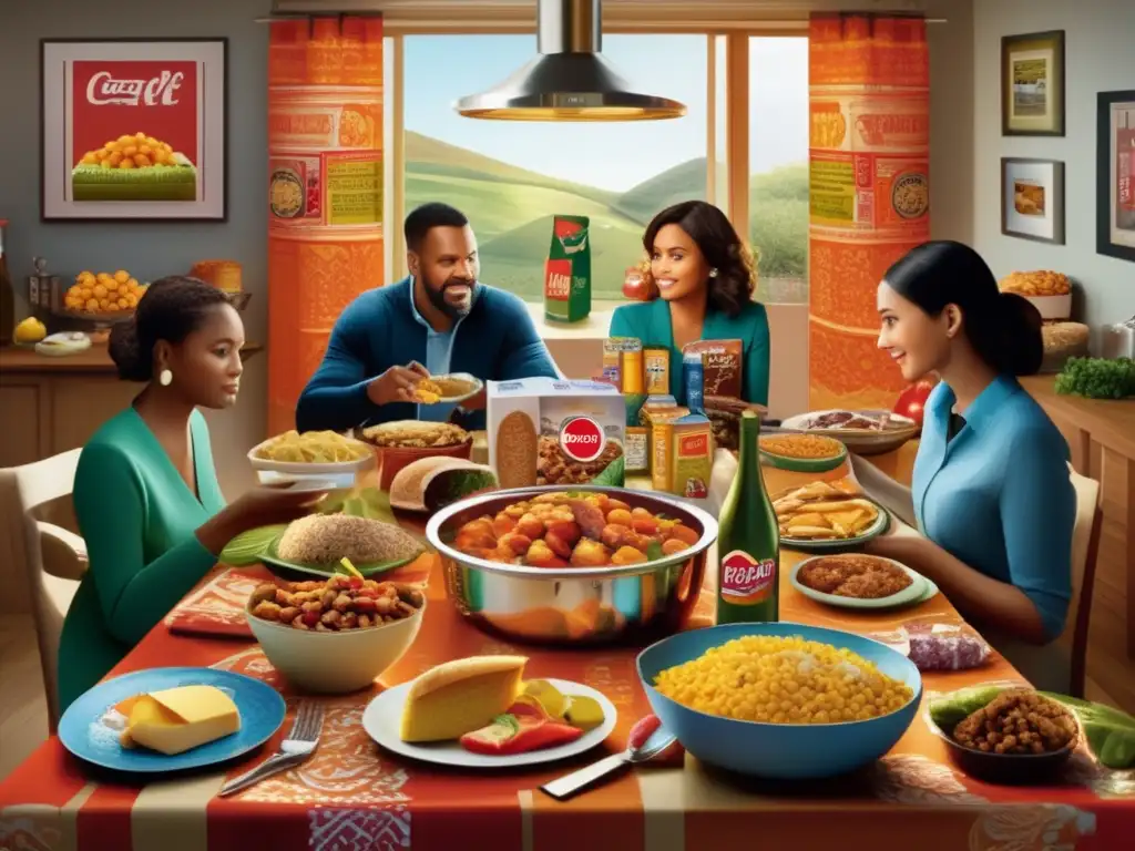 Una escena detallada muestra a una familia alrededor de la mesa con productos alimenticios llamativos. La publicidad influencia hábitos alimenticios.