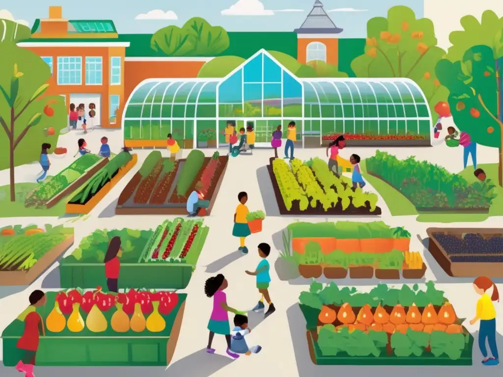 Jardín escolar vibrante: niños cultivando y aprendiendo