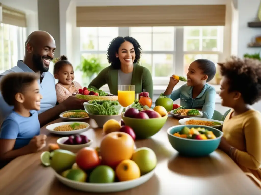 Una escena familiar alegre y saludable con una mesa colorida de comida nutritiva. <b>Planificación de menús saludables familiares.