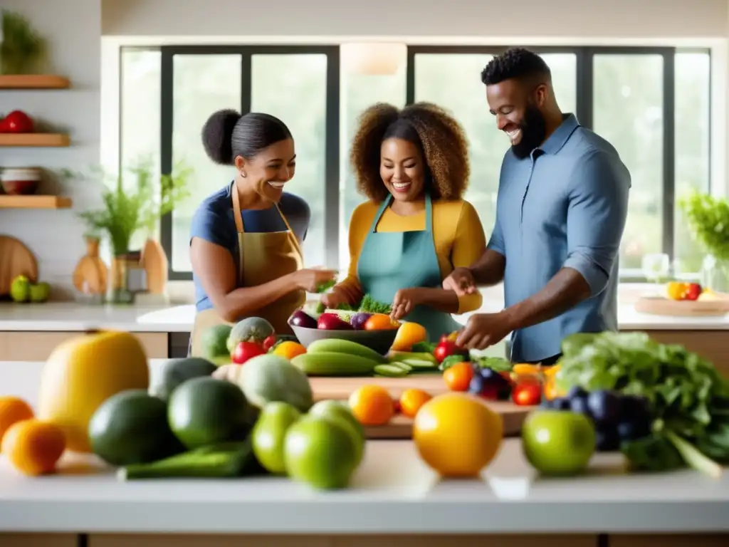 Una escena familiar en la cocina con alimentos frescos, luz natural y enseñanzas sobre patrones alimenticios saludables.