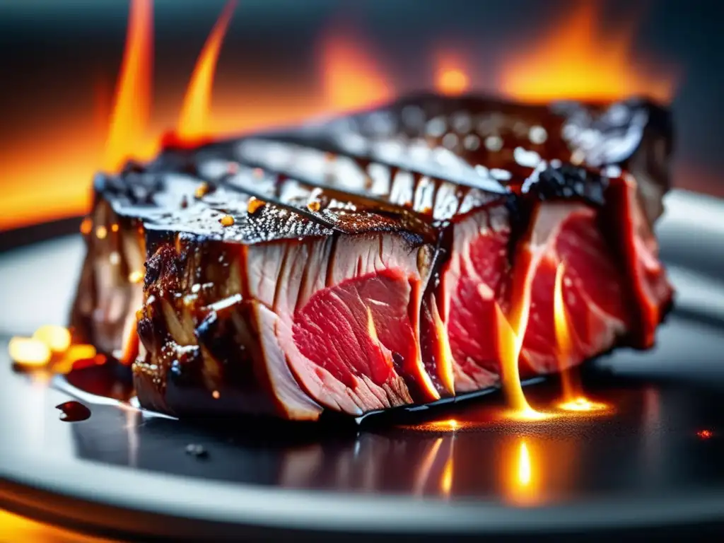 Una escena futurista de cocina con un filete de carne cultivada perfectamente sellado en una moderna placa de inducción, creando una atmósfera hightech. <b>Carne cultivada futura proteína animal.
