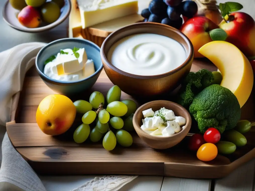 Una escena rústica de mesa de madera con productos lácteos mediterráneos y alimentos frescos. <b>Beneficios lácteos en la dieta.