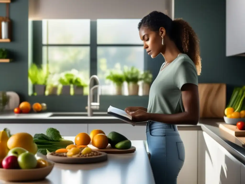 Una escena serena de ayuno intermitente en una cocina iluminada por el sol. <b>La persona lee tranquila junto a una comida saludable y un temporizador 16/8.